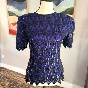 Stenay Silk Blue and Black Sequined Top